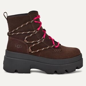 UGG Brown Suede Platform Lace-Up Boot with Pink Accent Laces